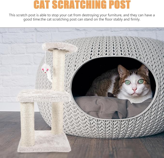Cabilock Large Beige Cat Scratching Post with Sisal Rope 3-Layer Vertical Cat Tree for Indoor Use Multi-Level Kitten Scratcher and Activity Tower