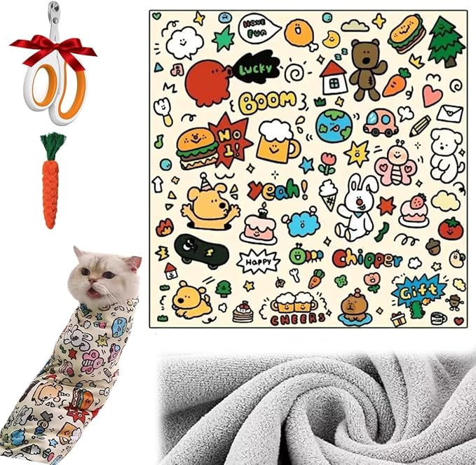 Cat Grooming Wrap for Cutting Nails, 27.6" Anti-Scratch Anti-Escape Cat Holder for Claw Clipping, Self-Adherent Soft Cat Swaddle Wrap for Nail Trimming for Cats & Kittens (2,13.78 *13.78 inch)