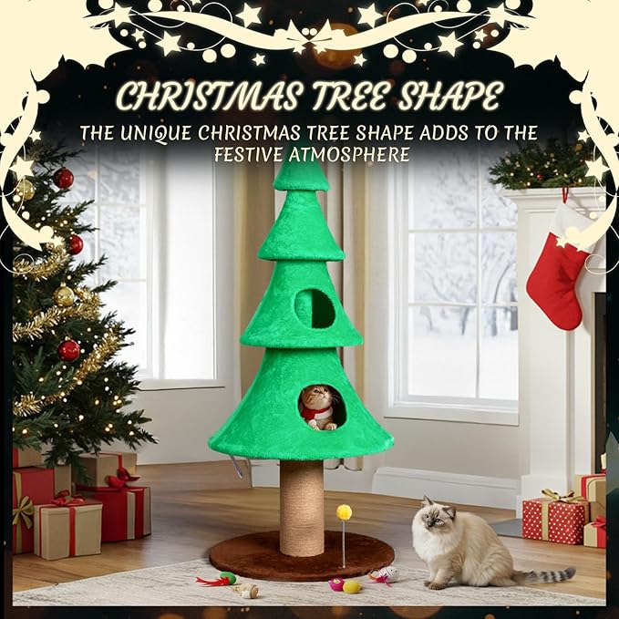 Outvita 59in Large Tall Christmas Tree Cat Tower with 2 Cat Condos & Scratching Post, Soft Fleece Cat Tree with Teaser Toy & Sturdy Base & Built-in Openings for Indoor Cats, Green