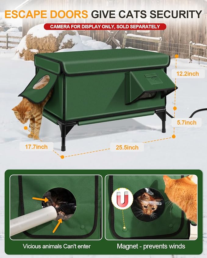 Heated Cat House for Outside,Dual Camera Mounts,100% Weatherproof & Extremely Insulated,Elevated Feral Cat Shelter with Escape Door,Waterproof Eaves for Outdoor Stray Barn Cat(Army Green,L)