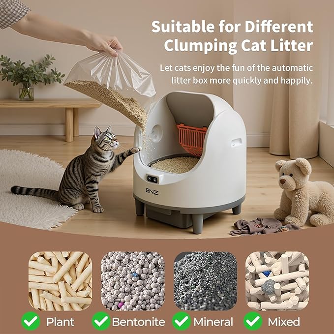 BNZ Self-Cleaning Cat Litter Box, Automatic Cat Litter Box for Multiple Cats, with Safety Sensors, Open Top, White