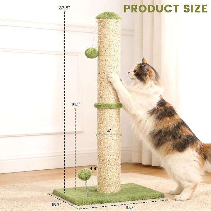 33" Tall Cat Scratching Post, 3-in-1 Durable Sisal Vertical Cat Scratcher Post with Hanging Ball, Soft Fabric Stable Base Cat Scratch Pole for Indoor Cats and Adult, Green
