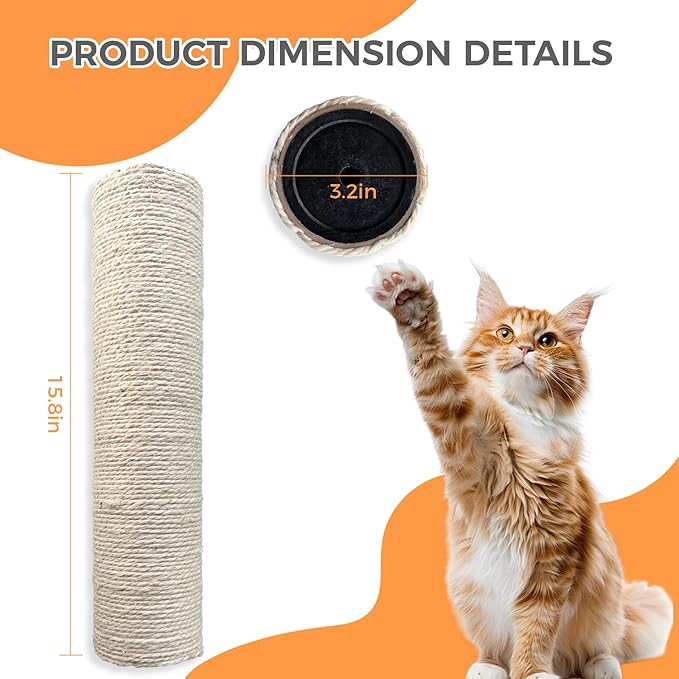 Cat Scratching Post Replacement Pole - 15.7 Inch Refill for Cat Tree Repair, 2-Pack with Screws, Durable Scratch Resistant Surface (White)