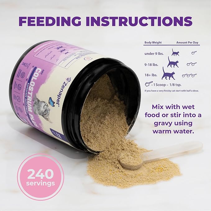 ZENAPET Cat Colostrum Plus Premium Powder Topper, Immune & Digestive Health Supplement, Supports Skin & Coat, Made in USA (1, 3 Ounces)
