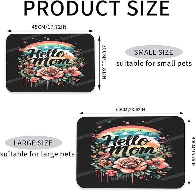 Pet Feeding Mats with Residue Collection Happy Mother's Day Floral Gift for Mom Rainbow Waterproof Dog Cat Bowl Mat 18X12In with Prevent Water Food Spills