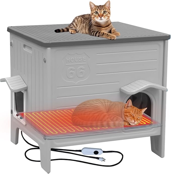 Rockever Heated Cat House for Outside in Winter, 100% Waterproof & Insulated Heated Cat House for Outdoor Cats with Heating Pad, Elevated Outdoor Cat House Safe Escape Door(M,Grey&Heating Pad)
