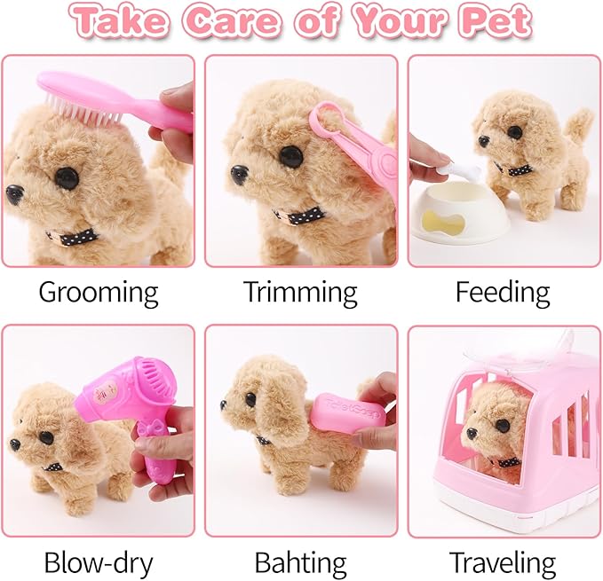 14PCS Dog Toys for Kids, Walking Barking Electronic Interactive Plush Puppy Toy with Carrier and Accessories, Pet Care Toy Set for Kids, for Girls and Boys 3 4 5 6+ Year Old