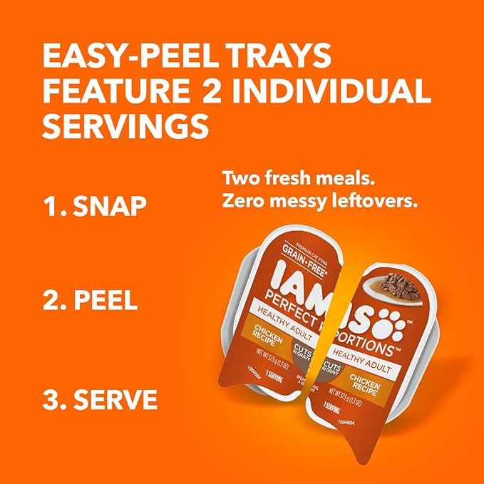 IAMS Perfect Portions Grain Free Wet Cat Food, Healthy Adult Cat Food Wet, Chicken Recipe Cuts in Gravy, (24) 2.6 oz. Twin-Pack Trays