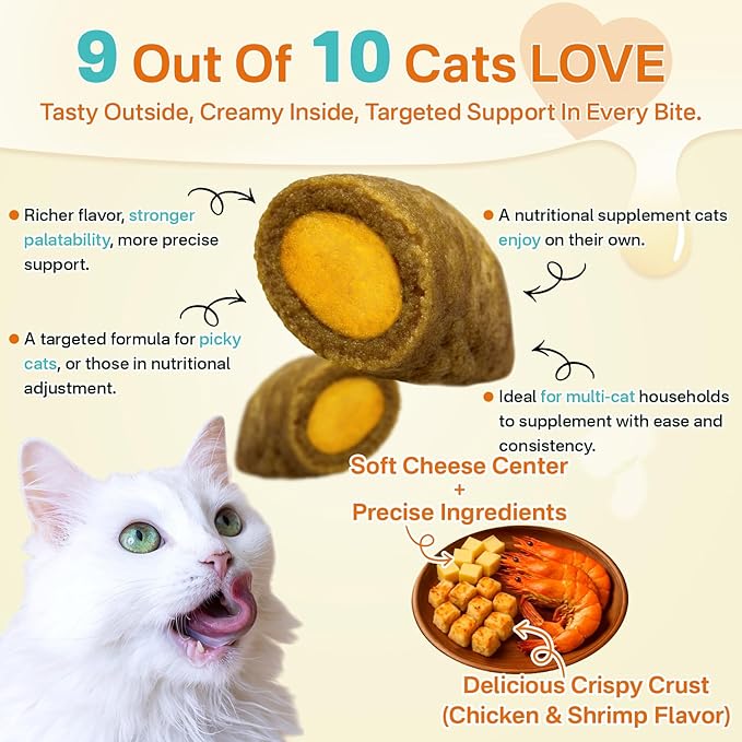 Cat Probiotics + Multivitamin– 500 Chews Crunchy & Creamy Cheese Core with 8-in-1 Support for Immune - Skin & Coat, Digestion, Heart, Bone, and Brain Health for All Cats