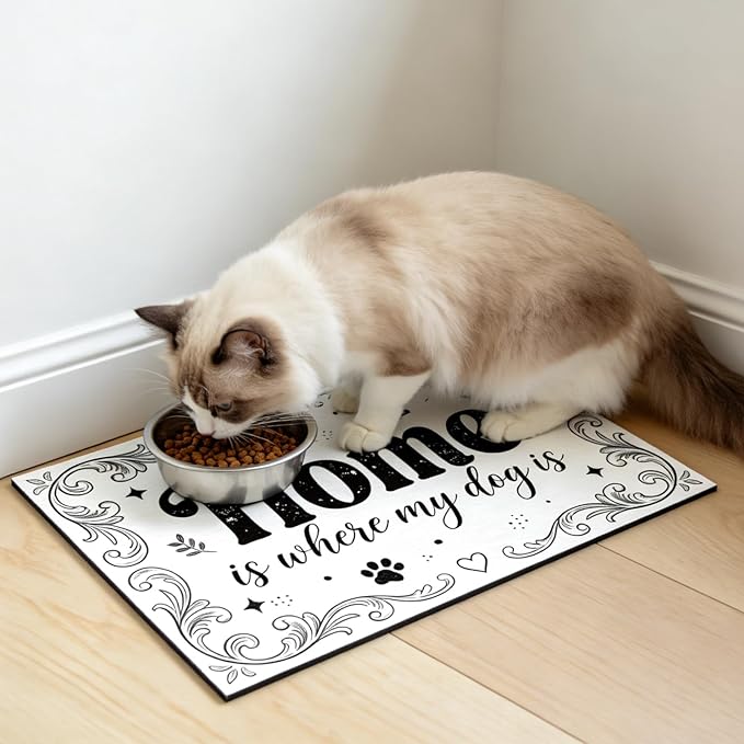 GLOBLELAND Home Prints Pet Food Mat for Floors 11.8×20 inch Home is Where My Dog is Dogs Food Mats Absorbent Dog Bowl Mat Quick Dry Dog Cat Pet Placemats Pets Supplies for Water Dispenser