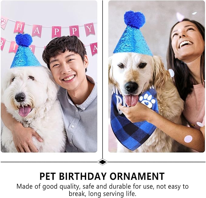Beavorty Dog Birthday Bandana and Party Hat Set, Blue Cotton Pet Birthday Costume Accessories for Puppy Celebration and Dog Party Supplies