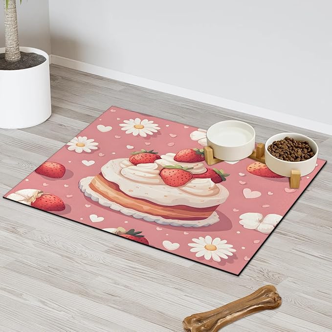 Strawberry Cake Dog Food Mat for Floors Absorbent Dog Bowl Mat for Food and Water Dispenser Quick Dry Cat Food Placemat Pet Supplies 16" x 24", Daisy Flower