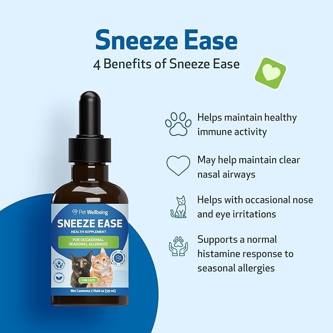 Pet Wellbeing Sneeze Ease for Cats - Occasional Sneezing, Seasonal Allergies, Nose and Eye Discomfort, Eyebright, Nettles - Veterinarian-Formulated Herbal Supplement 2 oz (59 ml)