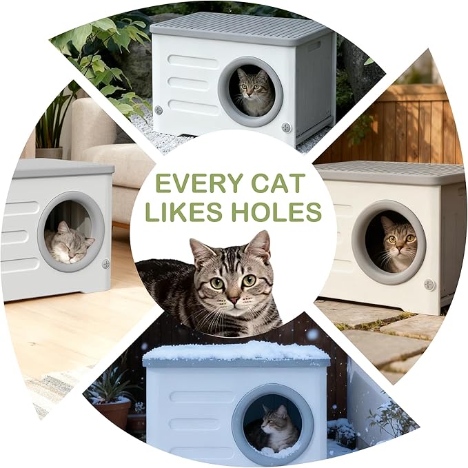 Outdoor Cat House-Weatherproof Heavy-Duty & Sturdy Feral Cat Shelter, Insulated Elevated Stackable Plastic Cave for Outdoor/Indoor Use with Cushion (Grey)