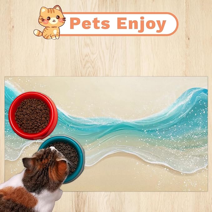 Beach Starfish Dog Food Mat for Floors Absorbent, Quick Dry Water Dispenser Mat for Food, Water, Pet Supplies 17" x 30", Nautical Coastal