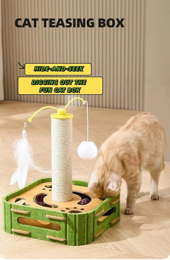 Cat Scratching Post Premium Basics Kitten Scratcher Sisal Scratch Posts with Rotating Teaser Wand, Hanging Balls, Interactive cat Toy Box, 14in for Kittens or Smaller Cats
