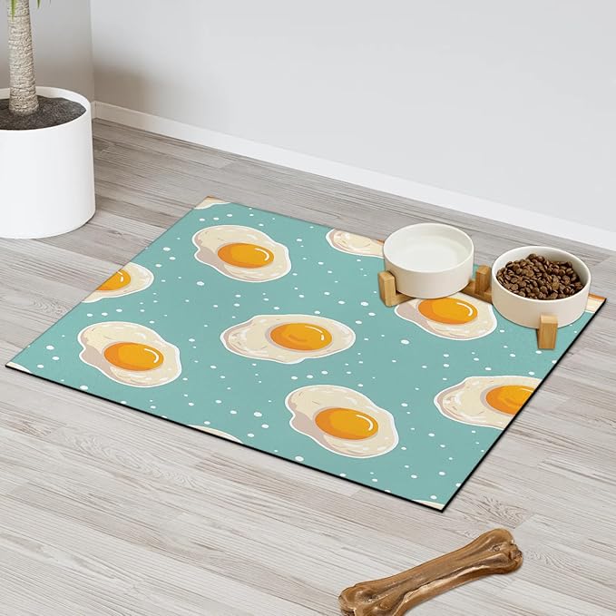 Cute Dog Food Mat for Floors Absorbent Dog Bowl Mat for Food and Water Dispenser Quick Dry Cat Food Placemat Pet Supplies 16" x 24", Egg