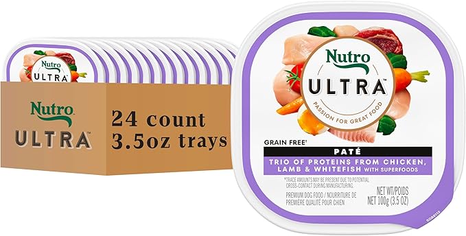 Nutro Ultra Dog Food, Wet Dog Food, Pate Trio of Proteins: Chicken, Lamb & Whitefish, 3.5 oz. Trays (24 Count, Pack of 1)