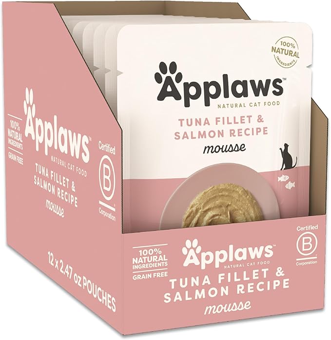 Applaws Natural Wet Cat Food in Mousse, Limited and Natural Ingredients, Grain-Free, High Protein with No Artificial Additives, Tuna Fillet & Salmon (12 x 2.47oz Pouches)