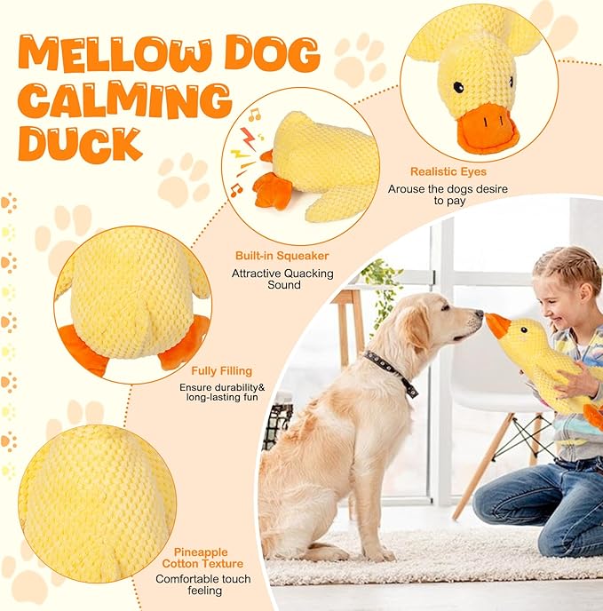 Mellow Dog Calming Duck, 2026 New Yellow Ducks Dog Toy, The Mellow Calming Duck Toy for Dogs, Quacking Sound for Indoor Dogs (Yellow)