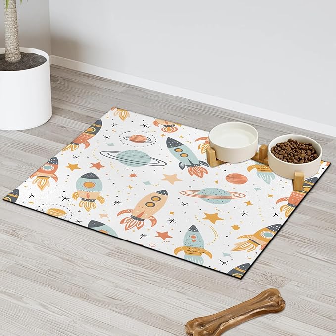 Outer Space Dog Food Mat for Floors Absorbent, Quick Dry Water Dispenser Mat for Food, Water, Pet Supplies 16" x 24", Rocket