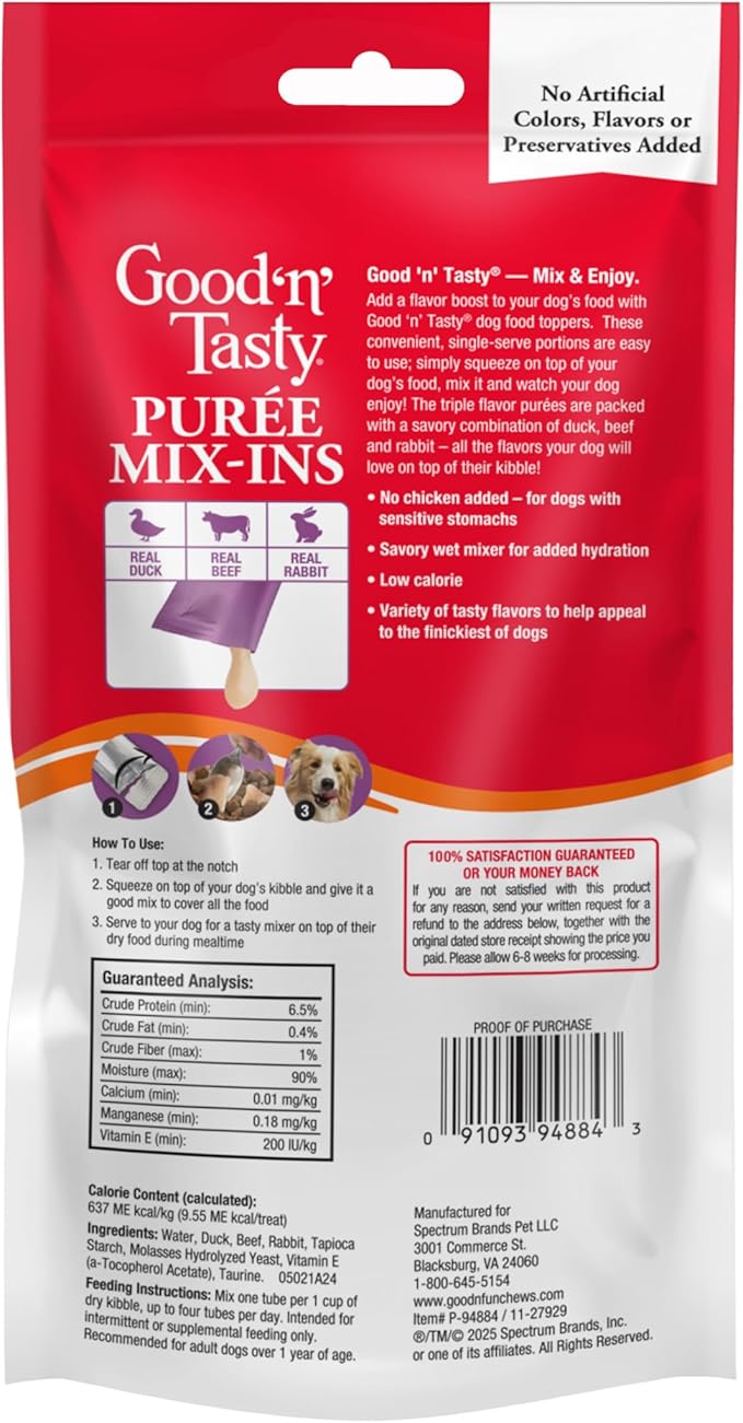Good 'n' Tasty Triple Flavor Puree Mix-Ins Dog Food Topper Treats for All Dogs, 7 Count, Easy Single-Serve Portions, Added Protein with Duck, Beef and Rabbit, No Chicken Added