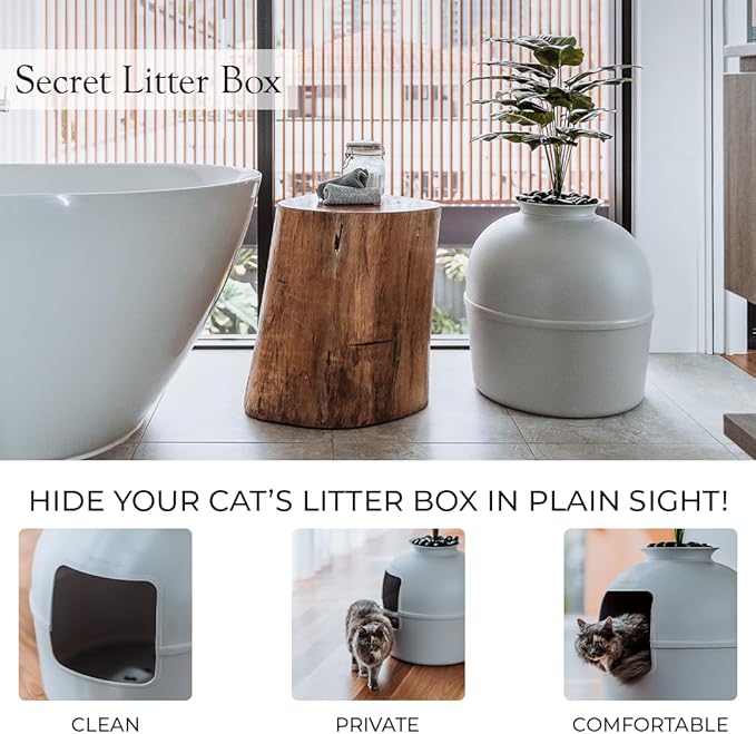 Secret Litter Box by Bundle & Bliss - Hidden Litter Box Enclosure, Patented Design with Odor Control, Includes Faux Plant, Carbon Filter and Real Stones