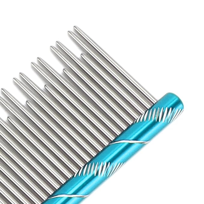 Pet Hair Removal Comb, Stainless Steel Cat Grooming Tool, Durable Non Slip Handle - Static Free Teeth, Dual Density Design, Comfortable for All Cat Breeds (Blue)