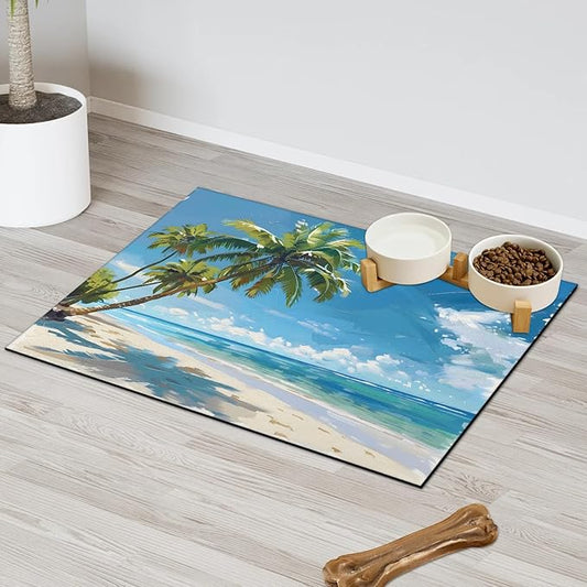 Ocean Beach Dog Food Mat for Floors Absorbent, Quick Dry Water Dispenser Mat for Food, Water, Pet Supplies 12" x 20", Tropical Palm Tree