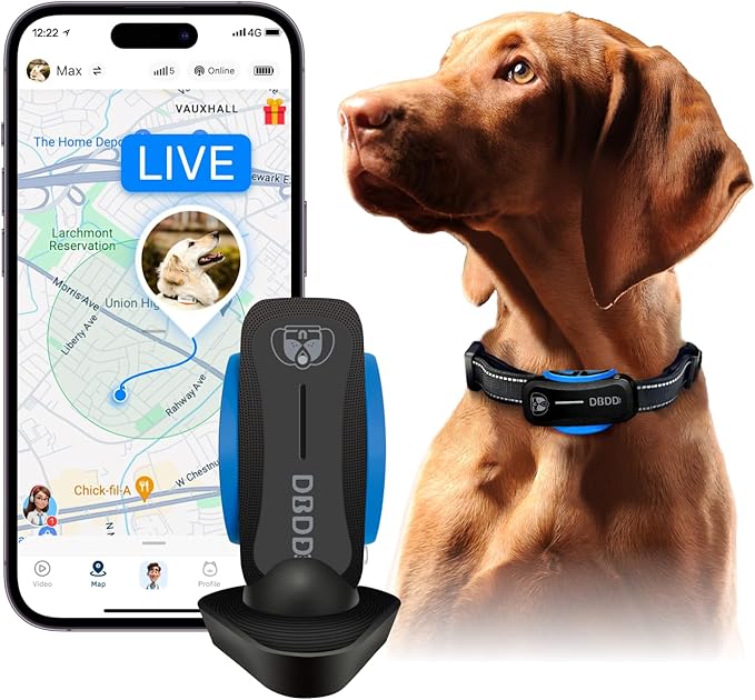 Dog GPS Tracker, Smart Waterproof Tracker with Real-Time Location, Escape Alerts, Activity Monitor, iOS & Android Compatible, for Dogs 40 lbs+ (Black)