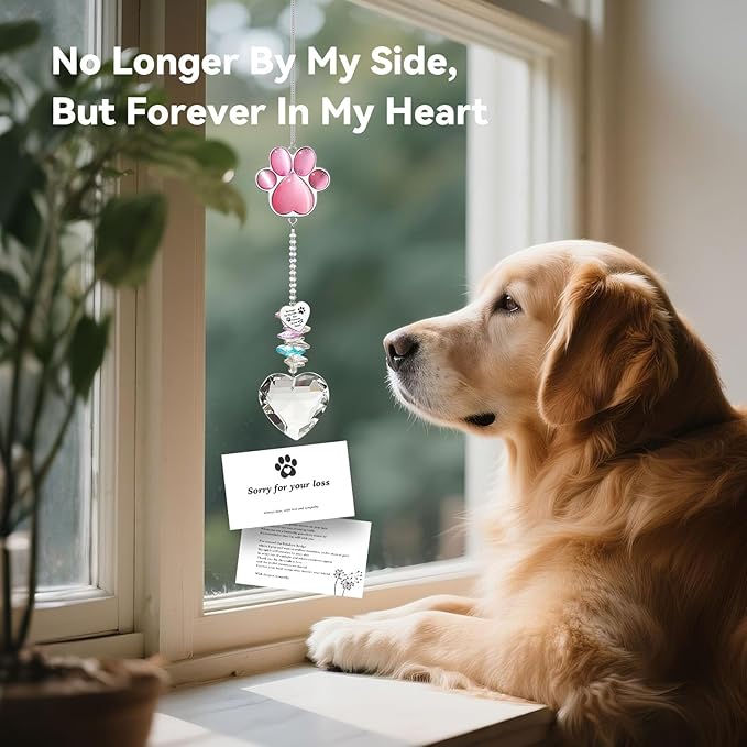 Pet Memorial Suncatcher - Dog Memorial Gifts, Pet Loss Sympathy, Thoughtful Dogs and Cats Bereavement Remembrance Gifts, Natural Cat's Eye Paw Crystal Suncatcher(Pink)
