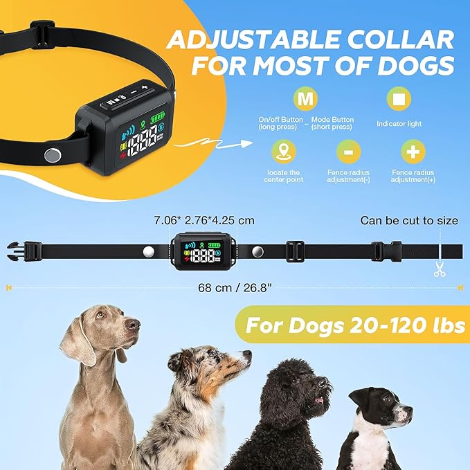 GPS Wireless Dog Fence , Electric Fence for Dogs, Perimeter Collar Fence System, Radius 33-1999 Yards, Beep Vibration Shock Correction,Pet Containment System for Outdoor Use, for Pets Over 18 Lbs