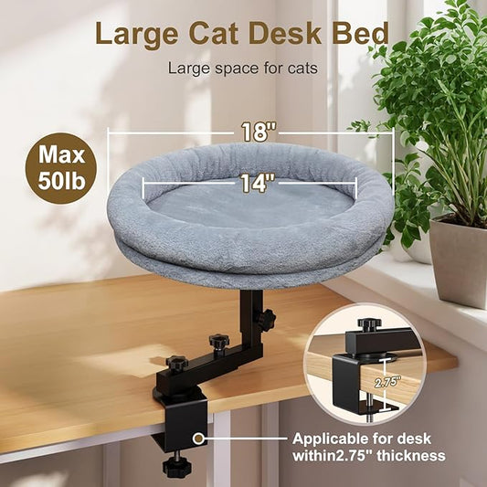 Large Cat Desk Bed, 360°Rotating & Adjustable Shelf, 18" Thickening Cat Bed for Desk, Soft Faux Fur with Mat, Suitable for Various Desktops - Maximum Hold Up to 50lb (Dark Gray)