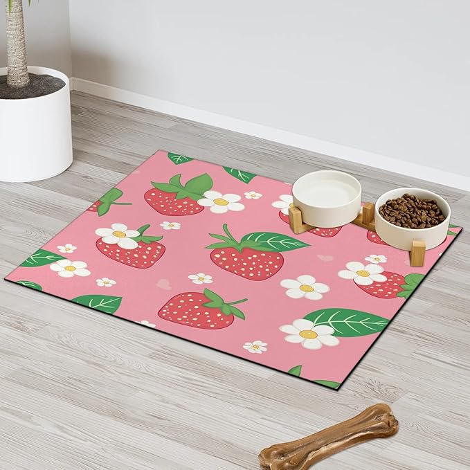 Strawberry Fruit Dog Food Mat for Floors Absorbent Dog Bowl Mat for Food and Water Dispenser Quick Dry Cat Food Placemat Pet Supplies 12" x 20", Cute Floral