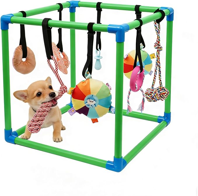 Puppy Play Gym with 8 Hanging Toys, Small Dogs Indoor Jungle Gym, PVC Frame with Bungee Straps Enrichment Activity Center