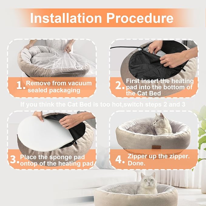 CLAYCLAY Heated Cat Bed, Round Heated Pet Bed for Indoor Cats, 20" Cozy with Timer & Temperature Adjustable, Non-Slip Bottom, Removable, Washable, Waterproof with Pet Heating Pad