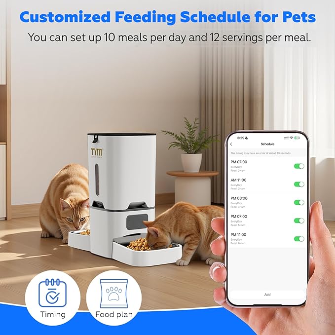 TYM Dual Automatic Cat Feeder for 2 Cats, 7L WiFi Cat Food Dispenser with Smart App Control, Programmable Feeding Schedule for Multiple Pets, Stainless Steel Double Bowls, Detachable for Easy Clean