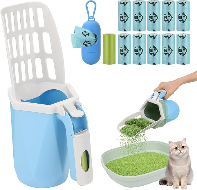 MYPIN Upgraded Cat Litter Scooper with Holder, Upgraded Cat Litter Shovel with Bags and Waste Can, Cat Scooper with Extra 150 Count Litter Waste Bags, Portable Litter Shovel