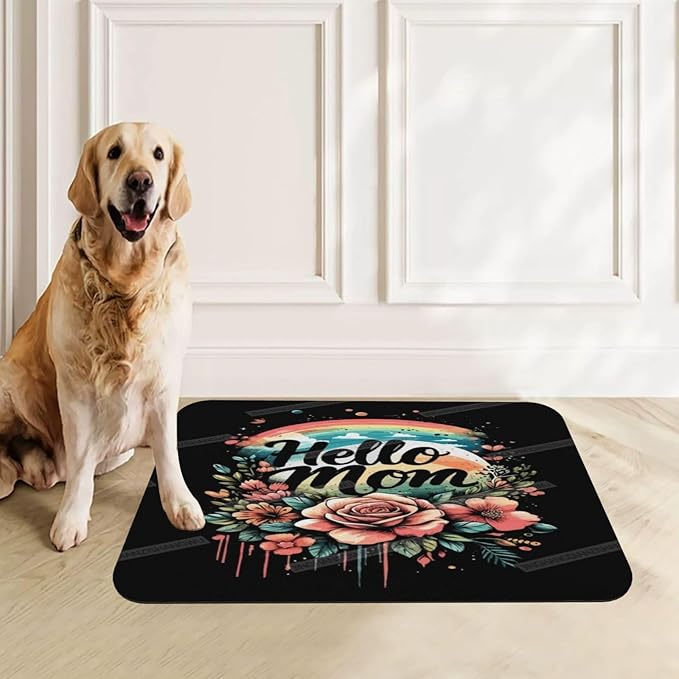 Pet Feeding Mats with Residue Collection Happy Mother's Day Floral Gift for Mom Rainbow Waterproof Dog Cat Bowl Mat 18X12In with Prevent Water Food Spills