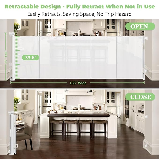Reinforced 155 Inch Extra Wide Retractable Baby Gate with Reinforced Rods, 13 Feet Wide Retractable Dog Gate – Prevents Crawling Under, Extra Long Baby Gate Retractable Fence Outdoor Garage Gate/White
