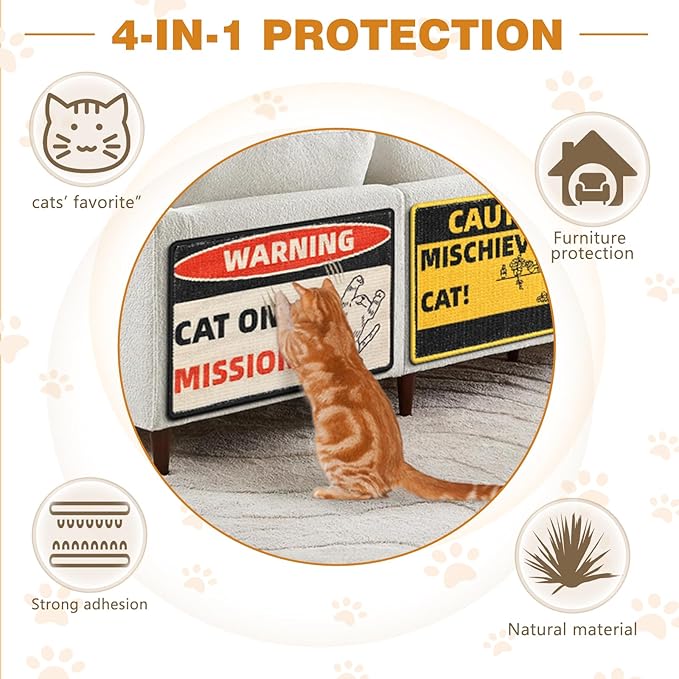Couch and Carpet, Durable and Shedding-Resistant Cat Scratching Surface - 21.7x13 inch with Hoop and Loop Adhesives, Twist Pins（Yellow）