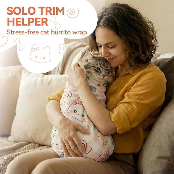 BFNN Cat Grooming Wrap for Cutting Nails, 27.6" Anti-Escape Calming Cat Swaddle Wrap for Medicine, Nail Clipping, Teeth Brushing, Ear Cleaning, Self-Adherent Burrito Restraint, (Happy Kitty, L)
