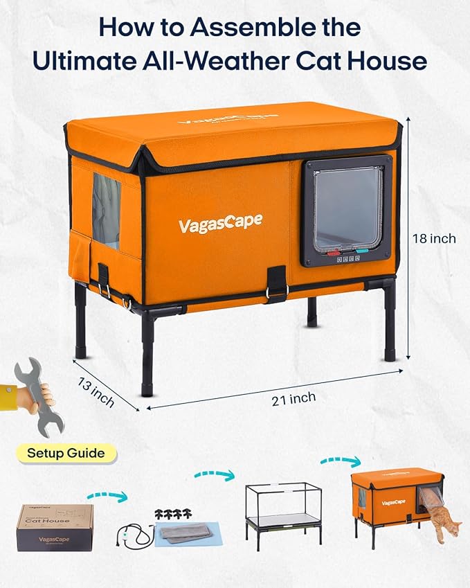 Heated Outdoor Cat House for Outside Pets in Winter - Outdoor House for Ferals, Safe Escape Door Included, Rainproof & Windproof, Easy Installation (Orange)