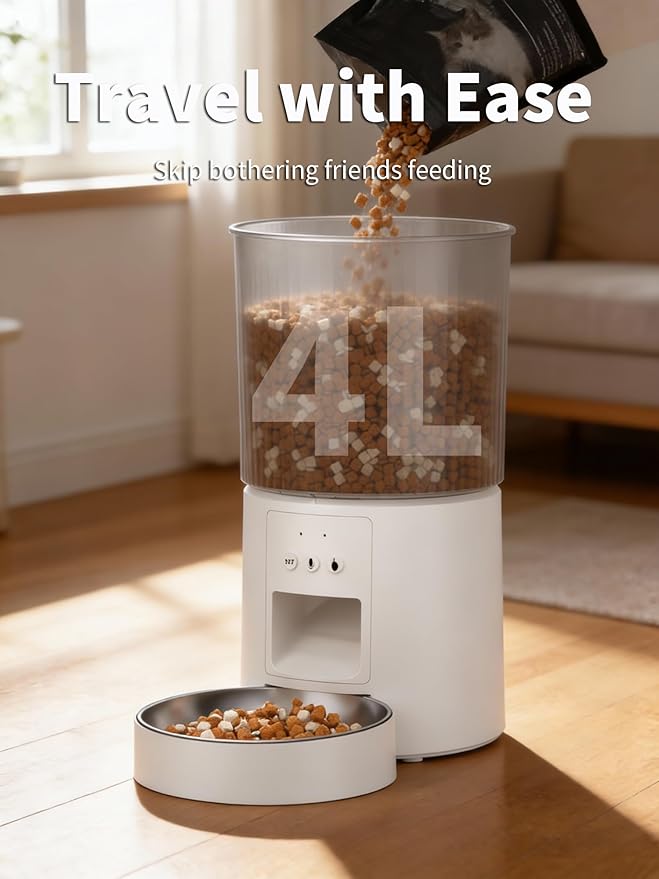 Automatic Cat Feeder, 2.4GHz WiFi Automatic Dog Food Dispenser, Fresh Protection, 4L Timer Feeder, Personalized Recording 10 Seconds, Easy to Clean, Stainless Steel Bowl (Single/White)