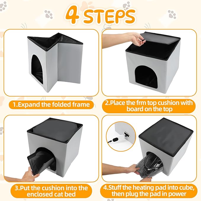 Heated Cat House, Heating Cat Houses for Indoor Outdoor Kitty with Heating Pad, Foldable Heated Kitty House Cat Shelter for Your Pet to Stay Warm and Cozy