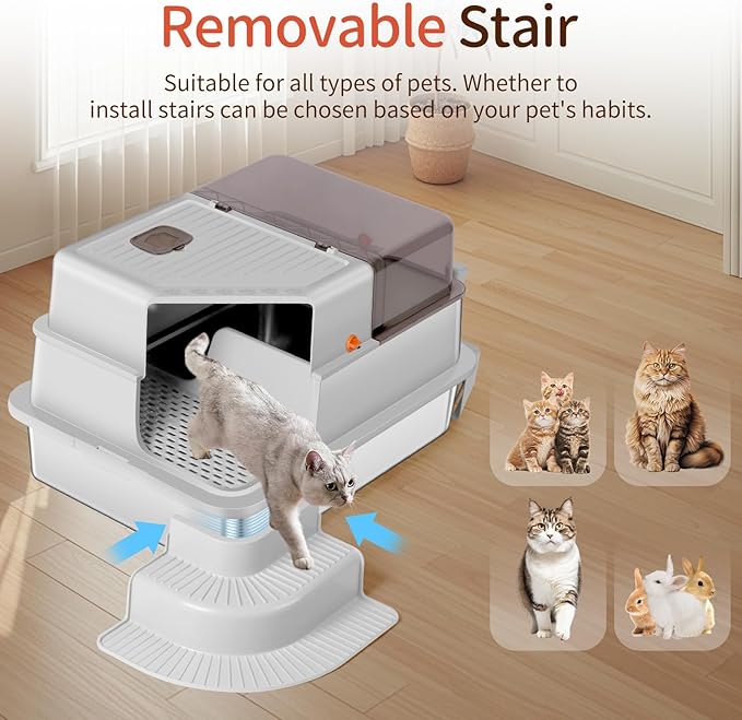 XXXL Stainless Steel Litter Box, 28"x20"x18" Extra Large Fully Enclosed High Sided Metal Cat Litter Box with Filtered Grid, Step, Scoop, Non-Sticky, Non-Odor, Easy Cleaning (Light Gray)