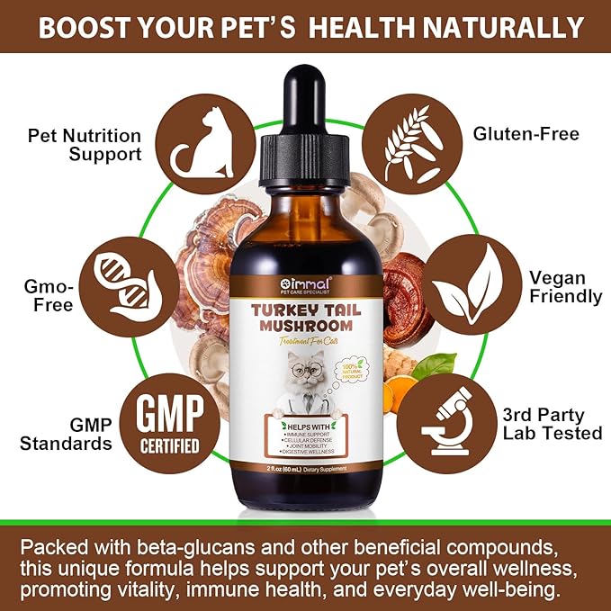 Mushroom Drops for Cats, Natural Cat Immmune Mushroom Liquid Drop with Turkey Tail Mushroom Extract for Immune Support, Digestive & Joint Mobility, Pet Mushroom Herbal Supplement - 2 fl oz (60 ml)