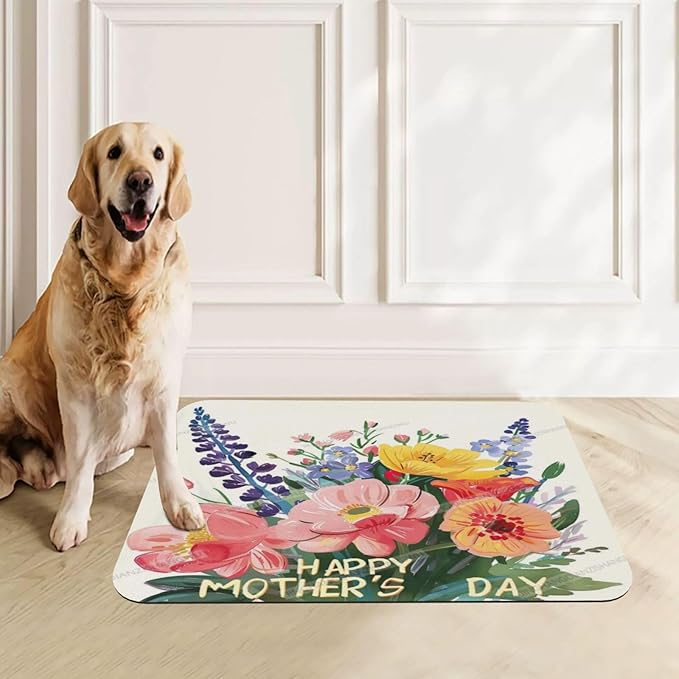 Dog Food Mats for Floors Absorbent Pet Cat Food Mat Happy Mother's Day Floral Gift Mom Lavender Non Slip Dogs Bowl Mats for Water Dog Placemats Feeding Mat Pet Supplies 18X12In