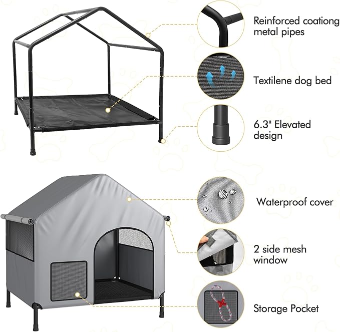 Outdoor Dog House for Small Large Dogs, Waterproof & Snowproof 600D Oxford Dog House with Elevated Dogs Bed, Pet Canopy Tent for Doggie, Cats, Small Animals, Grey