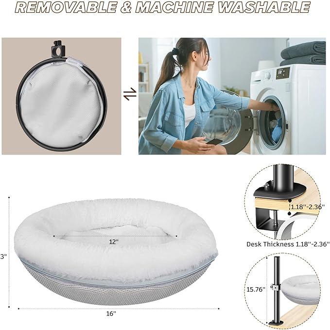 Cat Bed for Desk Removable Cushion Pet Desk Bed for Home Office, Comfortable Cat Perch for Indoor Kitty Max 40 LBS, 360° Rotating & Height Adjustable